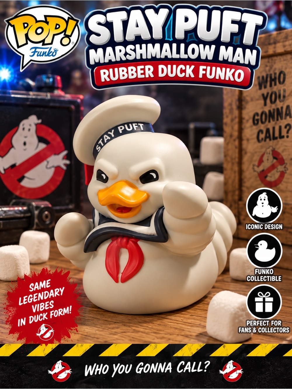 Funko Pop! Stay Puft Marshmallow Man Rubber Duck – White, Red, Navy, Orange